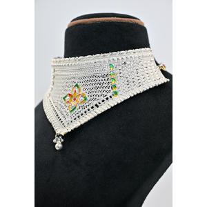 Ethnic 925 <b>Silver</b> Plaster Chokar Set Necklace With Flower Design For Women Wedding Style Beaded Jewelry - Product Image 5