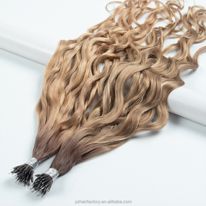 Extensiones de cabello humano con nano anillos, cabello virgen ruso, microenlaces, puntas completas, castaño claro rizado - Product Image 1