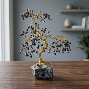 Lapis Lazuli Tree Sculpture Carved with Gold <b>Wire</b> Art on Stone Base for Home Feng Shui Decoration - Product Image 3