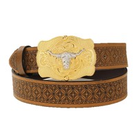 Ceinture de cowboy western transfrontalière avec grande boucle plaquée sculptée motif cheval au galop, style vintage tendance pour jeunes hommes punk