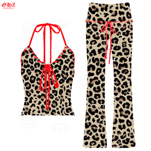 Set Loungewear Due Pezzi Y2K da <span class=keywords><strong>Donna</strong></span> con Logo Personalizzato, Stampa Ghepardo Ricamata, Maniche Corte e Pantaloni a Zampa, <span class=keywords><strong>Abbigliamento</strong></span> <span class=keywords><strong>Leopardato</strong></span> - Product Image 6