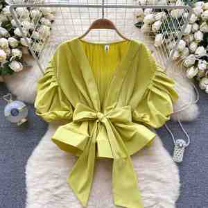 Blusas Casuales de Manga Corta para Otoño, Blusas con Mangas Abullonadas y Drapeadas para Mujer, Tops de Fiesta para Mujer, Ropa al por Mayor - Product Image 2