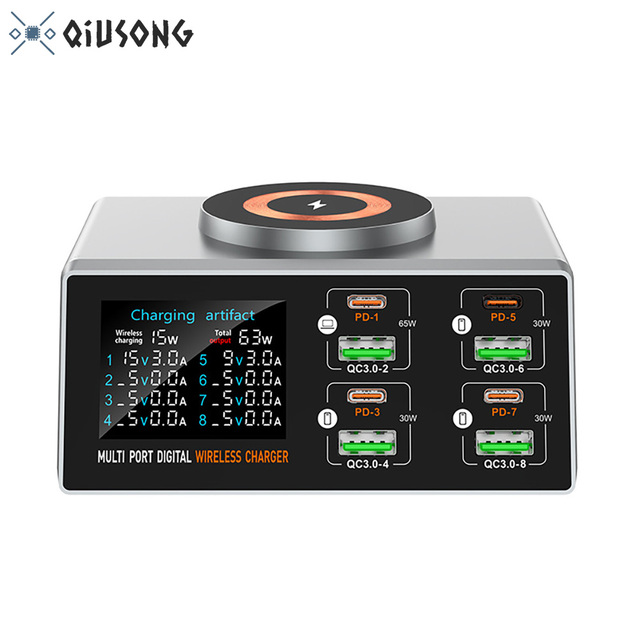 LCD Display USB C Charger Station 8 Port 140W USB Charging Hub with 15W Wireless Charger Multi Ports USB Charger