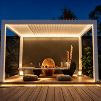 Pergola d'hôtel motorisée en aluminium à toit à lames orientables, étanche, résistante au vent, avec capteur de pluie, télécommande intelligente et bandes lumineuses LED