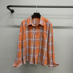 <span class=keywords><strong>Chemise</strong></span> à <span class=keywords><strong>carreaux</strong></span> orange pour <span class=keywords><strong>homme</strong></span> de haute qualité, entièrement ornée de strass, vente en gros, mode printemps automne, <span class=keywords><strong>chemise</strong></span> en flanelle ample à manches longues - Product Image 2
