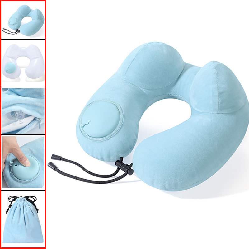 Azul Cielo - Almohada Inflable en Forma de U con Joroba de Camello y Bolsa de Almacenamiento