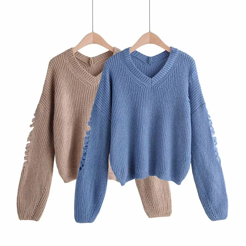 2020 Winter Ladies Aesthetic Brown Women'S Sweater Tops With Rips