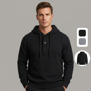 เสื้อสเวตเตอร์ไหมพรมถักสำหรับผู้ชาย ระบายอากาศได้ดี ผ้าวูล/แคชเมียร์ มีฮู้ด ปิดด้วยกระดุม สีพื้น แขนยาว ใส่ได้ในฤดูหนาว ชายเสื้อแบบริบ - Product Image 1