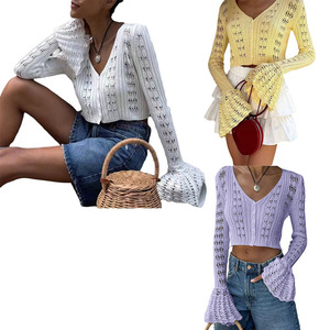 Nuevo Estilo, Cárdigan de Punto Calado para Mujer, Color Sólido, Manga Larga, Cuello en V, Top Corto para Vacaciones, Playa y Uso Diario - Product Image 6