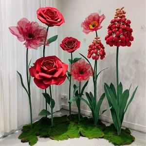 S270 gigante di seta installazione Organza fiore EVA gigante rosa rossa colore gigante carta rosa fiore con stelo e Base - Product Image 5