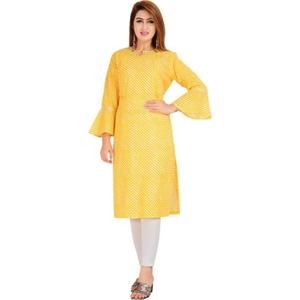 ชุดเคอร์ตาเรยอนทำมือสำหรับผู้หญิงพิมพ์ลายสีเหลืองเส้นใยวิสคอสตรงผ้าอินเดียและปากีสถาน - Product Image 1