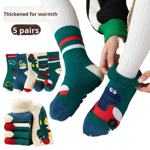 Chaussettes éponge épaissies pour enfants serviette chaude d'hiver pour garçons filles conception de dessin animé de dinosaure doublé <span class=keywords><strong>polaire</strong></span> grandes tailles équipage tricoté - Product Image 1