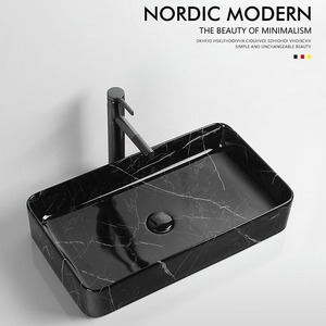 Lavabo de Cerámica Cuadrado Negro para Baño, Lavabo de Una Pieza para Encimera, Acabado Brillante, Montaje de Grifo de un Solo Orificio - Product Image 5