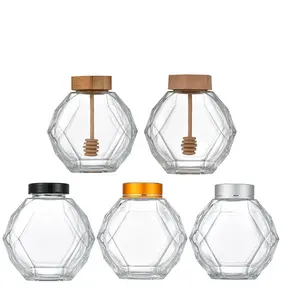 卸売 ガラス蜂蜜瓶木製ひしゃく-Wholesale Customized 380ミリリットル500グラムEmpty Clear Hexagon Glass Honey JarsとWooden Lid Metal LidとDipper