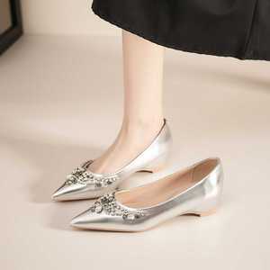 Silver <b>Pointed</b> <b>Toe</b> <b>Flats</b> Patent Leather Rhinestone Wedding Shoes Women Slip On Soft Sole <b>Flat</b> Heel - Product Image 1