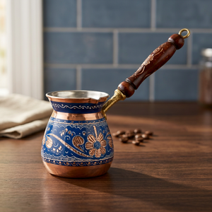 Cafetera Turca de Cobre con Diseño Floral Azul, Estilo Clásico, Asa Resistente al Calor, Juego de Utensilios de Cocina para Preparar Café y Té - Product Image 3