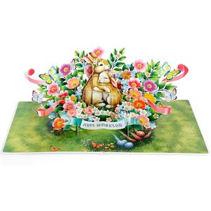 Rabbit Mum 3D Pop up Mother's Day Card with Flowers Digital Printing <b>Matte</b> <b>Varnishing</b> Paper for Wife Girl Sister - Product Image 1