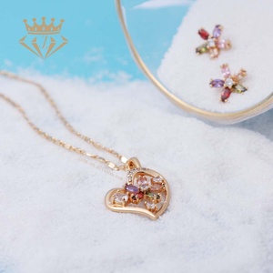 Wholesale Colorful Dubai Cheap Bridal 18k Gold Plated Jewelry Heart Shaped Colored Zircon Earrings Chain Necklace 3pcs Sets