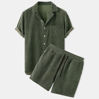 Commerce extérieur vêtements européens et américains pour hommes 2025 été nouvelle couleur unie velours côtelé costume décontracté col chemise ensemble de shorts