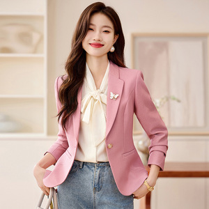 Apricot Short Blazer For Women Spring Autumn Solid Color Polyester Casual Elegant Fit Small Size - Product Image 3