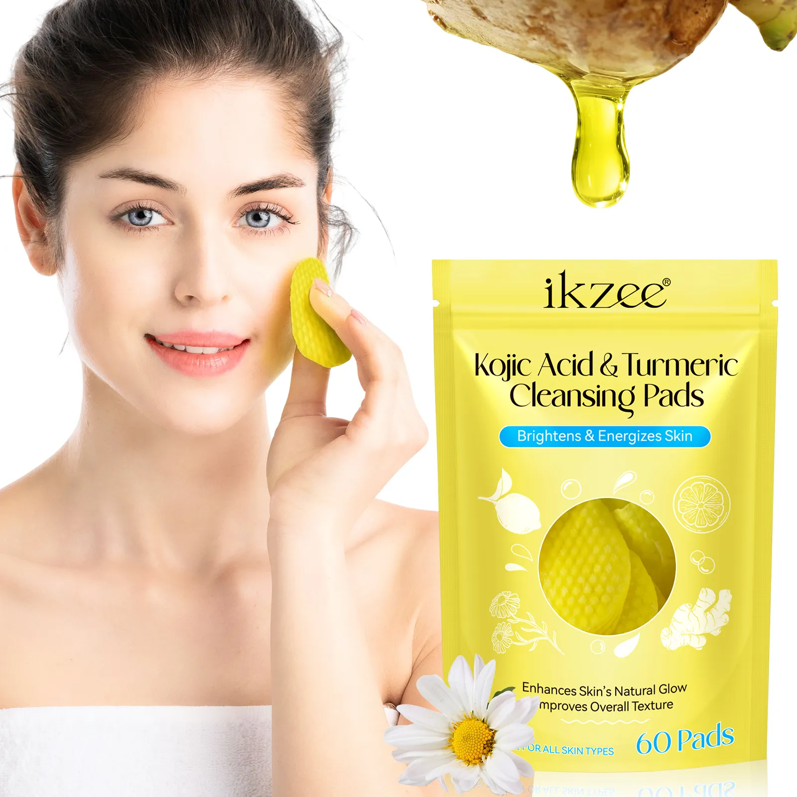 Wholesale TikTok Face Wash Products Turmeric Cleansing Pads and Whitening Exfoliating Kojic Acid Face Cleanser Pad for Acne Pore