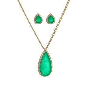 Fashion Eco-friendly Copper Teardrop Green Zircon Layered Pendant Necklace Set 18K Jewelry Gold Plated Sets for Everyday Wear - Product Image 1