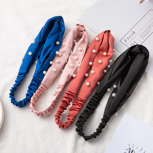 Diadema de perlas cruzadas elásticas simples para mujer de estilo coreano Diadema de maquillaje para lavado de cara - Product Image 3