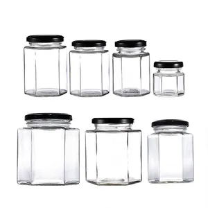 Wholesale Empty Hexagon Airtight Food Storage Container Set 100ml 280ml 380ml 500ml Glass Pickle Jam Honey Jars with Metal Lid