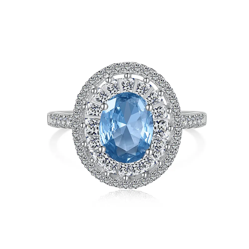 Dylam thiết kế mới S925 Bạc rhodi mạ kim cương Sapphire đá quý Baguette cắt màu xanh 5A Zirconia Eternity ban nhạc LỜI HỨA Nhẫn