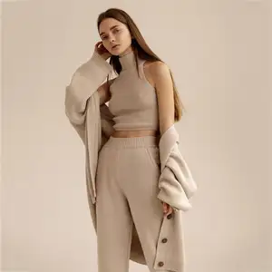 Logo Custom Ladies Cashmere 3 Pieces Set High Neck Knit Pullover Vest Long Pant Oversize Cardigan Casual Women Sweater Set