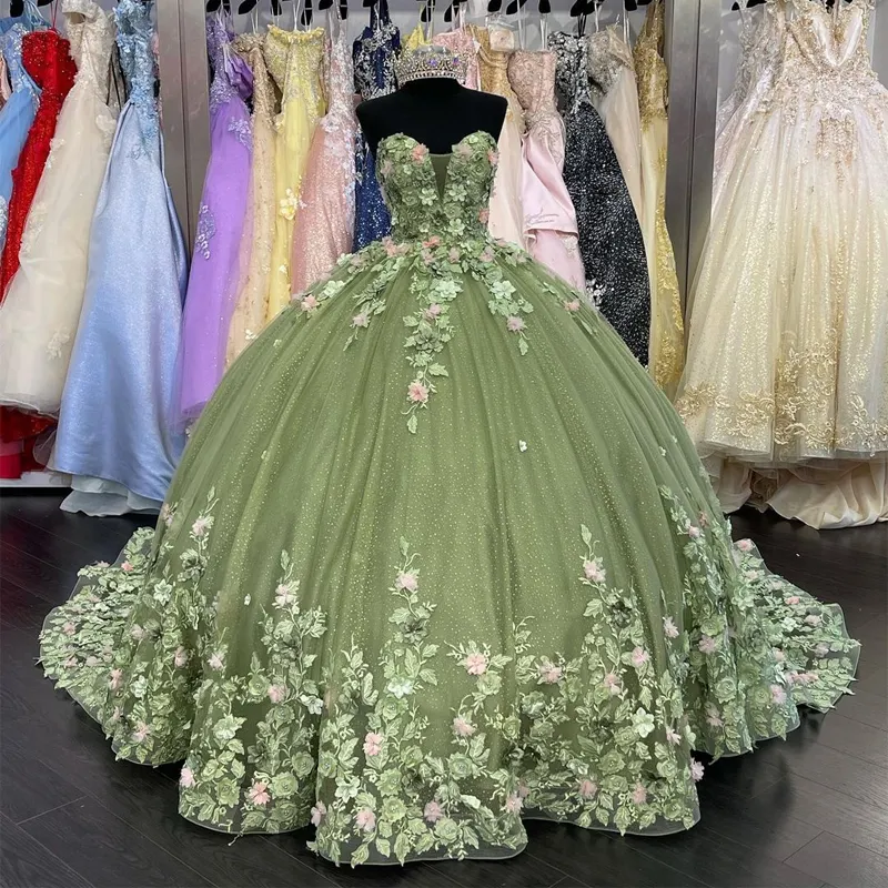 QD1609 Green Off The Shoulder Quinceanera Dresses Ball Gown 3D Floral Appliques Lace Back Corset For Sweet 15 Girls Party