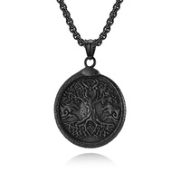 Venta al por mayor vikingo joyería de acero inoxidable negro serpiente Árbol de la vida collar