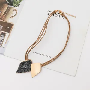 TongLing irregular shape gold plated alloy necklace with small beads multi layers hide rope choker necklace