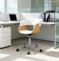 Chaise de bureau pivotante ergonomique moderne, réglable en hauteur, en cuir PU, avec dossier en bois et roulettes