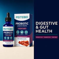 Gouttes liquides probiotiques PEITEBIO pour chiens et chats avec probiotiques, prébiotiques et enzymes, saveur bacon, soutien digestif, 60 ml