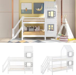 Lit superposé pour enfants en bois massif avec <span class=keywords><strong>escalier</strong></span>, design moderne de maison dans les arbres, <span class=keywords><strong>deux</strong></span> <span class=keywords><strong>niveaux</strong></span>, fenêtres, meubles de chambre d'enfant - Product Image 2