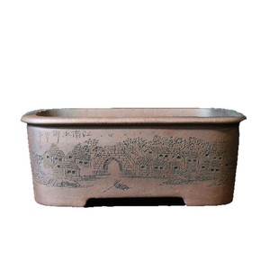 Zisha Rectangular Bonsai <b>Pot</b> Handmade Wood-Fired Carved <b>Tree</b> Stump Design Antique Style Planters - Product Image 5