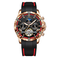 Montre mécanique automatique de luxe Glenaw, tourbillon, affichage de la date, phase de lune, bracelet en silicone, bracelet en bois, cadran en verre, plongeur