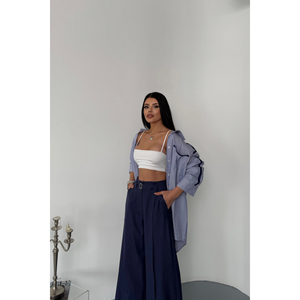 Pantalones Casuales Holgados para Mujer en Azul Marino con Detalle de Abertura Frontal y Cinturón, Pantalones Transpirables a la Moda - Product Image 1