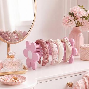 Pink Wooden Hairband <b>Stand</b> Flower Shape Solid Wood Headband Organizer For Makeup Room Storage - Product Image 1