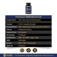 Biolex Pure NAD Plus Resveratrol CoQ10 Complex Capsules pour un vieillissement sain et un soutien antioxydant, 60 gélules, fournisseur de marque privée