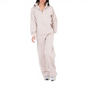 Venta al por mayor directa de fábrica, servicio OEM, logotipo personalizado, sudadera de media cremallera para mujer de 320 GSM 100% algodón y pantalones holgados de pierna ancha. - Product Image 3