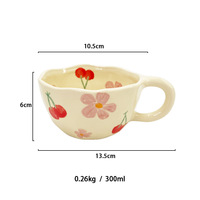 Mug en céramique floral peint à la main, 300 ml, compatible micro-ondes et lave-vaisselle, bord irrégulier, pour café et thé, usage domestique et bureau