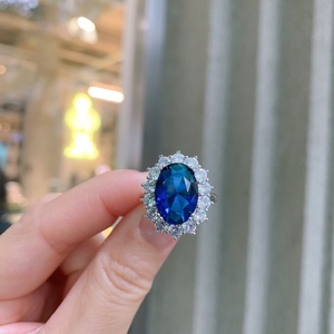 Fashion Oval Cut 12*16mm Blue Glass Zircon <b>Earrings</b> Ring Matching <b>Set</b> Eco-friendly Copper Pendant Jewellery <b>Set</b> for Women - Product Image 4