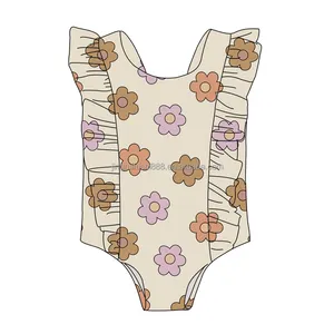 Customized OEM Summer Flower Pattern Print Kids One Piece Bathing Swimsuits Baby Girls Boutique Beach Swimwear