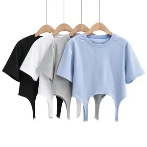 T-shirt manches courtes femme, T-shirt crochet à manches courtes, uni, design pull, 2021, 2021
