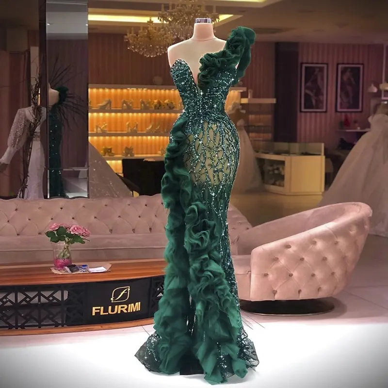 Jancember LSCZ195 Luxury Sexy V-neck Green Asymmetrical Ruffles Sequins Beaded Mermaid Evening Party Dress