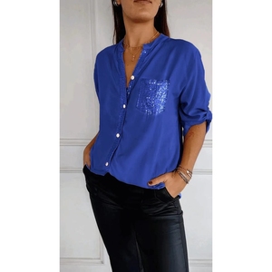 Round Neck Sequin <b>Patchwork</b> Three Quarter Sleeve Women's Solid Color <b>Shirt</b> Blouse Top Fashion - Product Image 6