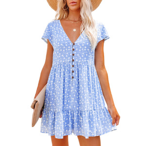 Robe décontractée pour femme, printemps-été, style princesse, à motif floral, col en V, boutonnée, manches courtes, coupe droite, longueur genou, ligne A naturelle - Product Image 4