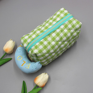 Custom Logo Green Checkered Quilted Makeup Bag Zipper <b>Cosmetic</b> Pouch Portable Toiletry <b>Organizer</b> with Handle for Travel - Product Image 1